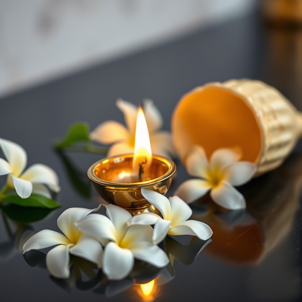 A brass diya oil lamp glowing beside jasmine flowers and a conch shell
