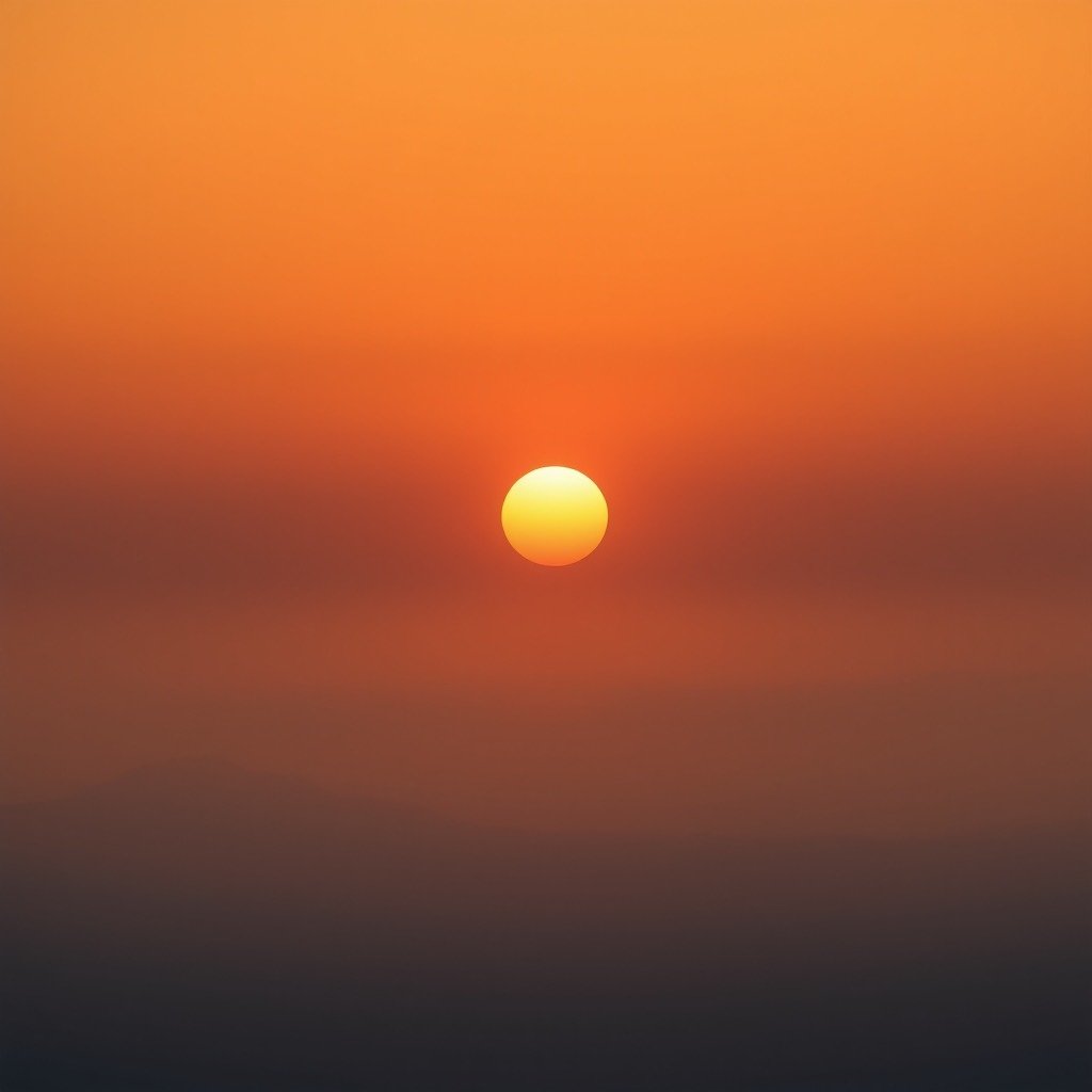 A glowing sun and crescent moon together over a misty horizon at dawn