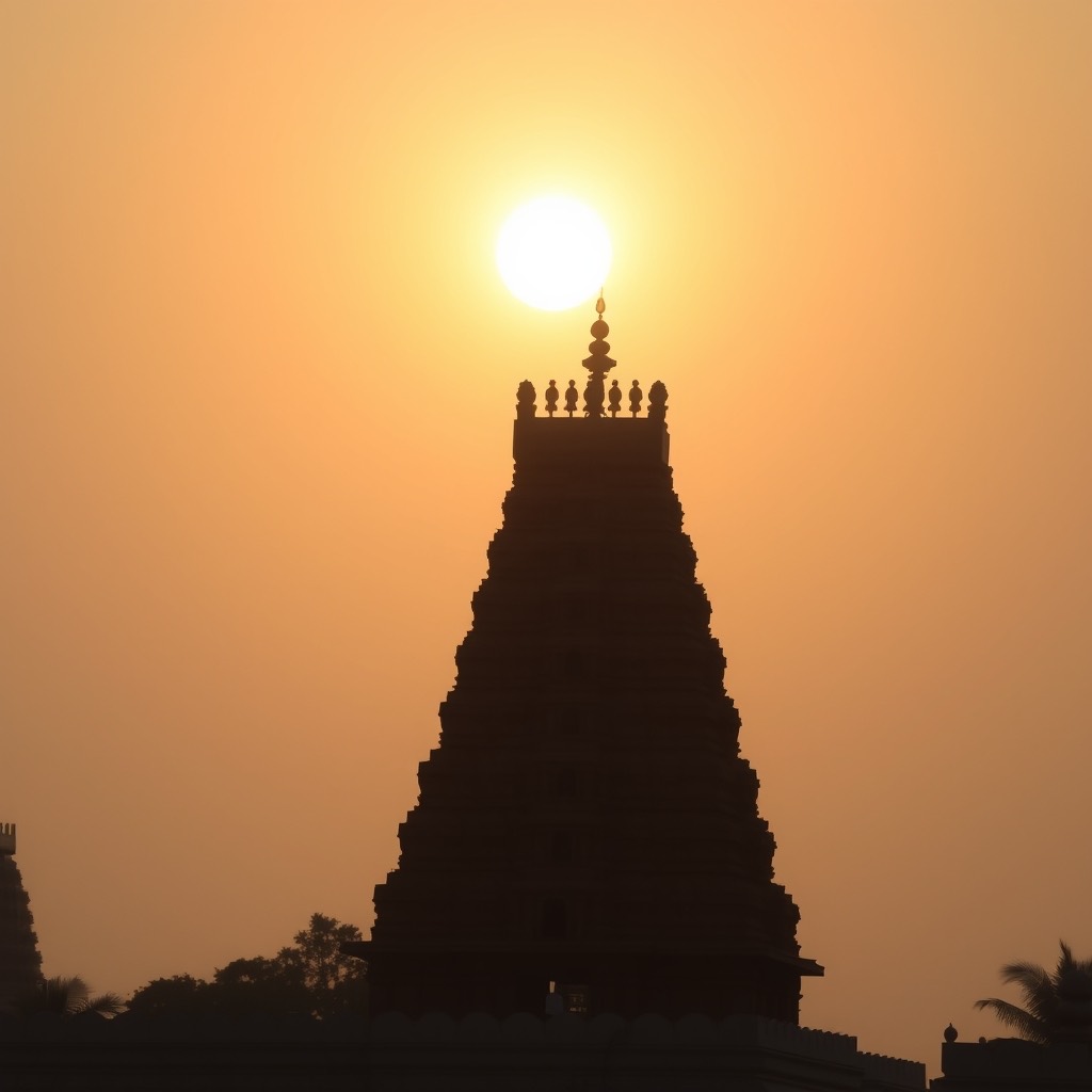 A South Indian temple gopuram silhouette against a golden sunrise